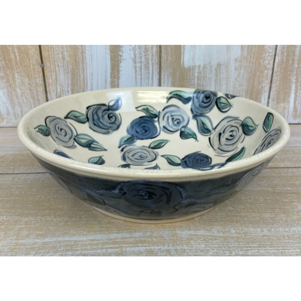 Studio Pottery Stoneware Ceramic Bowl White With Blue Flowers Artist Stamped